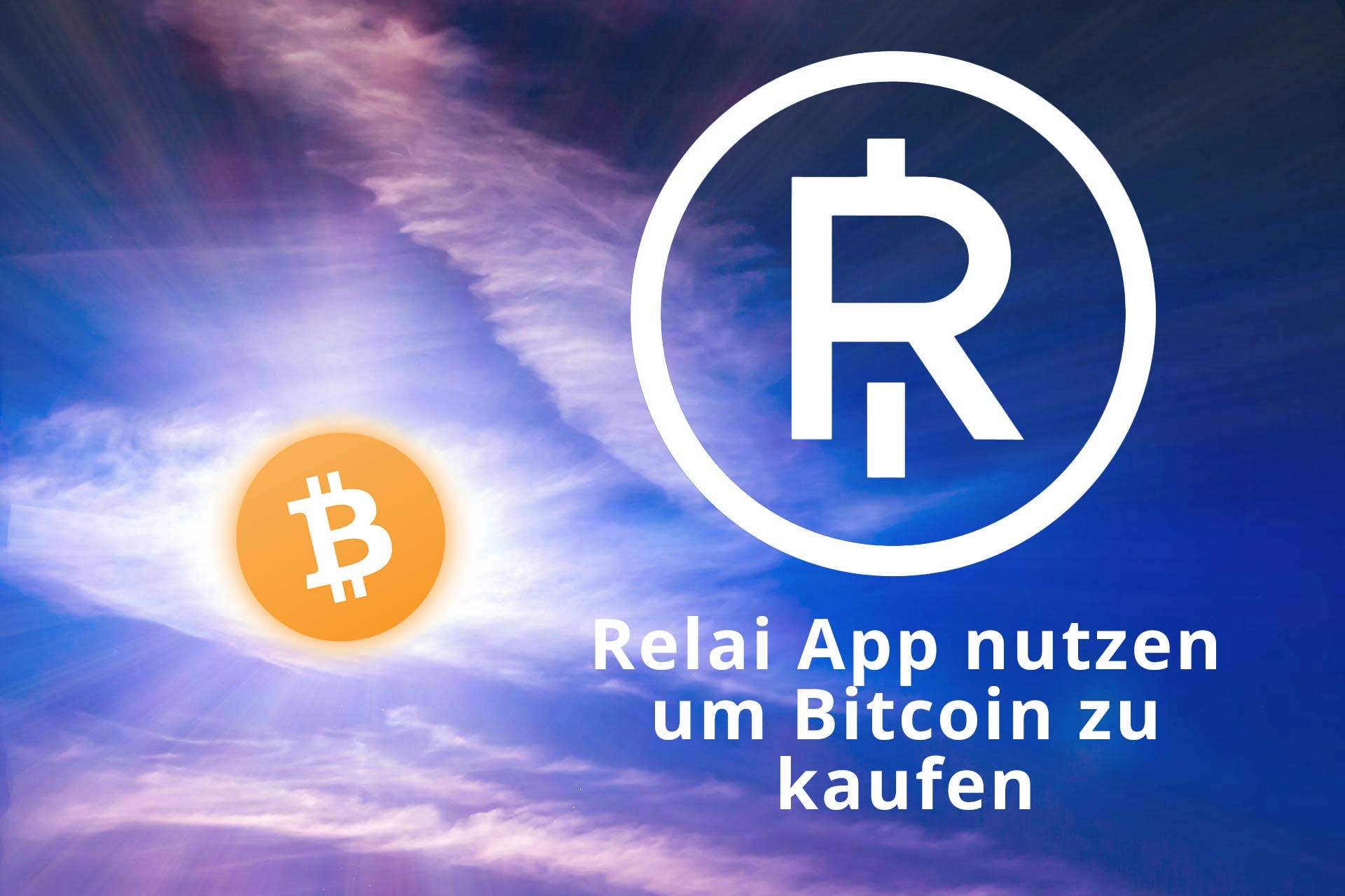 Relai App Logo auf blauem Himmel, App zum Bitcoin kaufen